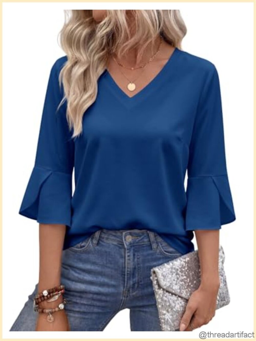 Womens Loose Fit V-Neck 3/4 Sleeve Tunic T-Shirt Casual Summer Top